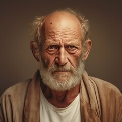 Beige background sad european white man grandfather realistic person portrait older person beautiful bad mood old man Isolated on Background 