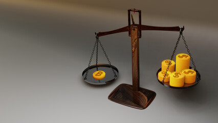 This image depicts a traditional balance scale,
with one side containing a single Bitcoin symbol coin,
and the other side loaded with multiple stacks of dollar symbol coins.