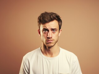 Beige background sad european white man realistic person portrait of young beautiful bad mood expression man Isolated on Background depression anxiety fear 
