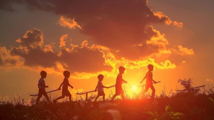 Photovoltaic cells isolated, children walking together