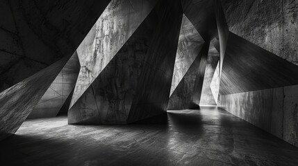 The background of the interior is a dark concrete 3D scene with a polygonal pattern