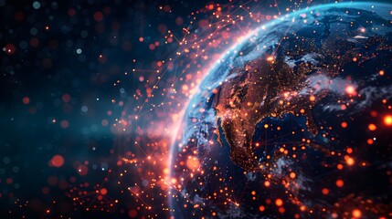 Fototapeta premium Digital planet Earth with glowing connections and data flow lines in space, depicting a global network concept as a background for technology or business theme design. 