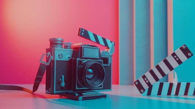 Concept for video, movie and cinema. Retro camera, reels, clapperboard