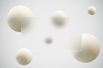 Glass morphism map concept with floating spheres. Frosted glass effect. Abstract background.