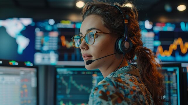 A large call center with professional investment traders talking into headsets, working on computers and showing finance statistics, charts, and market strategies.