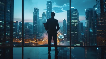 A confident businessman with a suit standing in front of a computer, gazing at a big city with skyscrapers. Successful finance manager planning work projects.