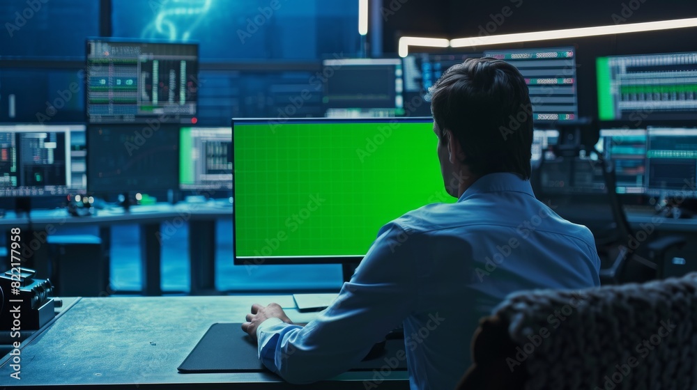 Poster this is a confident male data scientist working on a personal computer with a green screen mock-up i