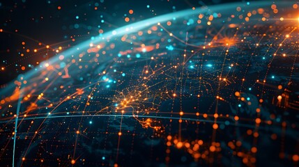 Fototapeta premium Digital planet Earth with glowing connections and data flow lines in space, depicting a global network concept as a background for technology or business theme design. 