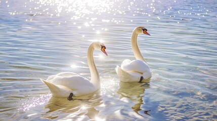 Obraz premium two beautiful swans on the lake. Selective focus