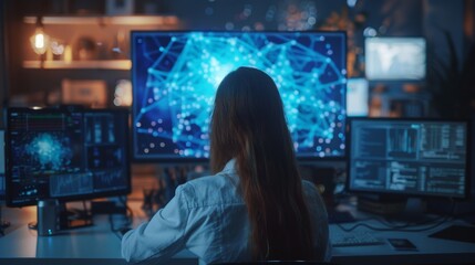 In this image, a female computer scientist is developing a neural network at her workstation. The display shows a graphic projection of the neural network and artificial intelligence simulation.