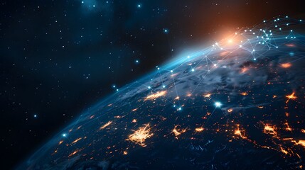 Obraz premium Digital planet Earth with glowing connections and data flow lines in space, depicting a global network concept as a background for technology or business theme design. 