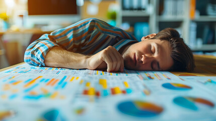 Photo realistic Finance concept: Exhausted Financial analyst asleep on spreadsheets in the office, illustrating meticulous nature of financial analysis