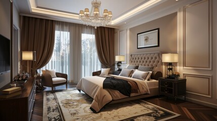 Fototapeta premium Bedroom with modern luxury and elegance, chandelier in the center