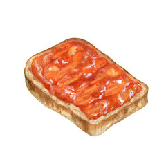 Apricot jam on a piece of bread, poured in waves and splashes. Watercolor illustration for design templates of sweet harvest, summer fruits, juices, canned food, marmalade and sweets