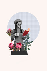 Vertical photo collage of happy girl read book novel hold coffee cup spring outdoors flowers plant protea isolated on painted background