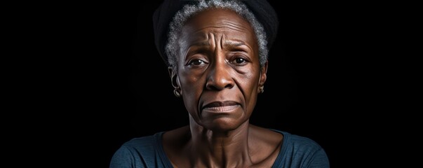 Black background sad black American independent powerful Woman. Portrait of older mid-aged person beautiful bad mood expression girl Isolated 