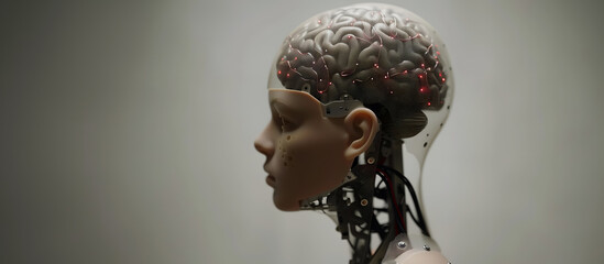 Head of futuristic female robot with AI powered brain