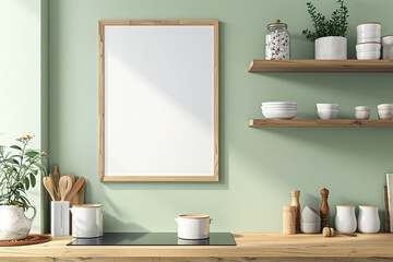 Sage kitchen features medium wooden frames on expansive minimalist shelves.