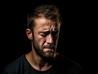 Black background sad european white man realistic person portrait of young beautiful bad mood expression man Isolated on Background depression anxiety fear burn out health issue problem mental 