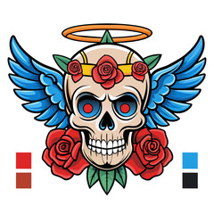 skull with angel wings and roses, with a vintage tattoo style. Use a light yellow background and ensure the colors are vibrant and bold