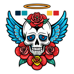 skull with angel wings and roses, with a vintage tattoo style. Use a light yellow background and ensure the colors are vibrant and bold