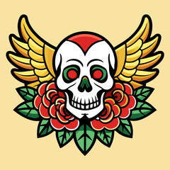 skull with angel wings and roses, with a vintage tattoo style. Use a light yellow background and ensure the colors are vibrant and bold