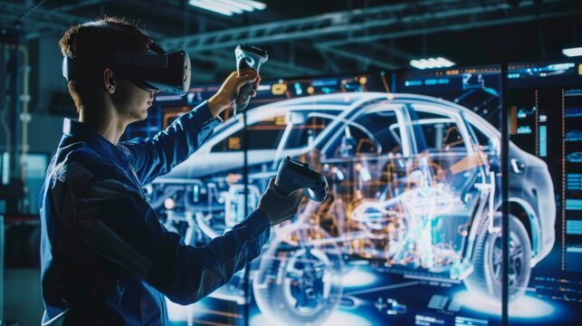 An automotive engineer is presenting a VR platform they developed to test and develop vehicles. He uses a headset and controllers to showcase functionalities on a big screen.