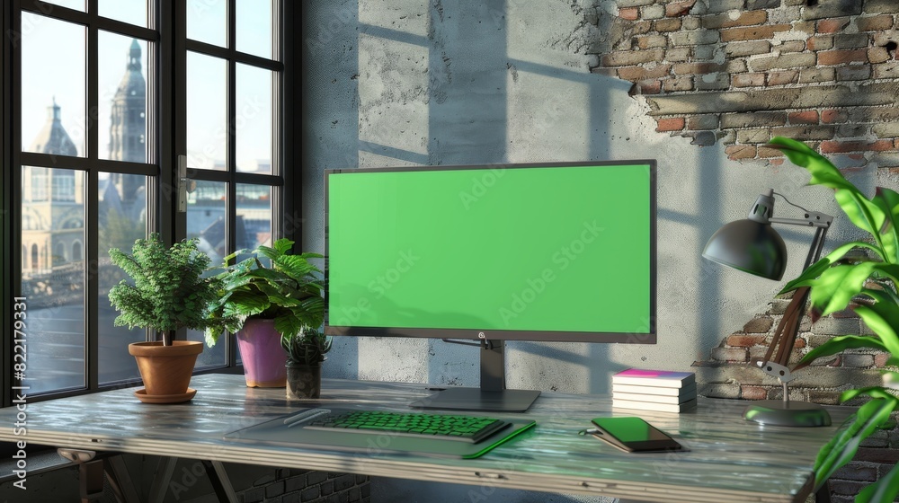 Poster the desktop computer monitor is mounted on the table with a green screen chromakey mock-up display. 