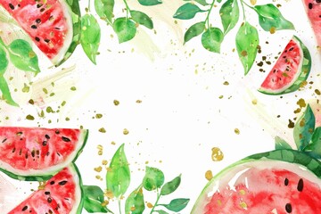 夏のスイカのフレームの水彩画（背景・暑中見舞い・壁紙）
