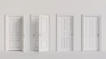 Set of three 3D renderings of white wooden doors in various stages of opening.