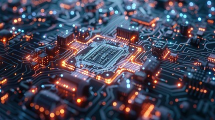Obraz premium Abstract technology background featuring a quantum computing system with a processor and electronic circuits, artificial neurons, and global data connections.