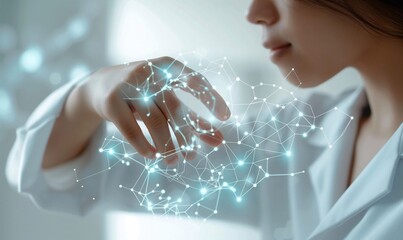 scientist uses forefinger to touch a floating holographic review generative ai  art