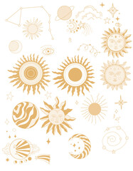 Sun graphics symbols astrology tarot cute cartoon coloring tattoo set separately on a white background stars space boho horoscope