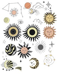 Sun graphics symbols astrology tarot cute cartoon coloring tattoo set separately on a white background stars space boho horoscope