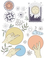 The sun graphics symbols hands stars twigs flowers astrology tarot cute cartoon coloring tattoo set separately on a white background stars space boho horoscope
