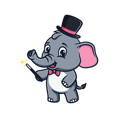 cartoon illustration design of a cute and kawaii elephant playing magic