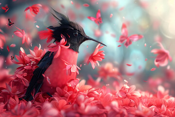 A bird with a black beak and red feathers is surrounded by pink flowers