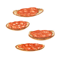 Apricot jam on a piece of bread, poured in waves and splashes. Watercolor illustration for design templates of sweet harvest, summer fruits, juices, canned food, marmalade and sweets