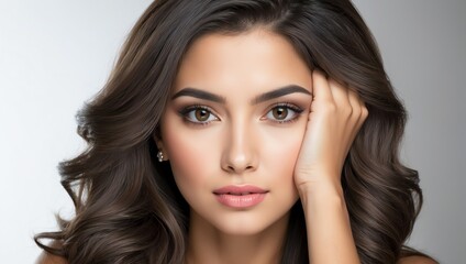 Naklejka premium headshot of hispanic beautiful woman model on plain white background studio from Generative AI