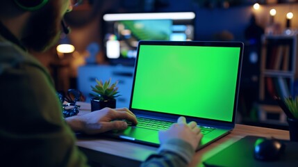 An adult woman checks social media while working on a laptop computer with a green screen display, and she uses a trackpad.