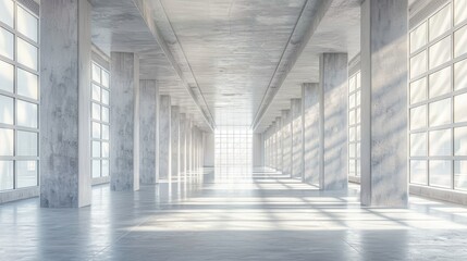 3D rendering of a modern empty hall with big white glowing windows and many columns made of concrete material
