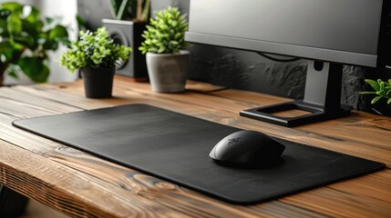 Ergonomic elegant luxury workplace. Modern computer, black leather mousepad and green potted plants on wooden table. Comfortable home office for entrepreneur, freelancer