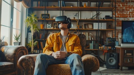 Man using Virtual Reality headset with controllers to check social media streaming application at home. He is watching a TV talk show that breaks news.