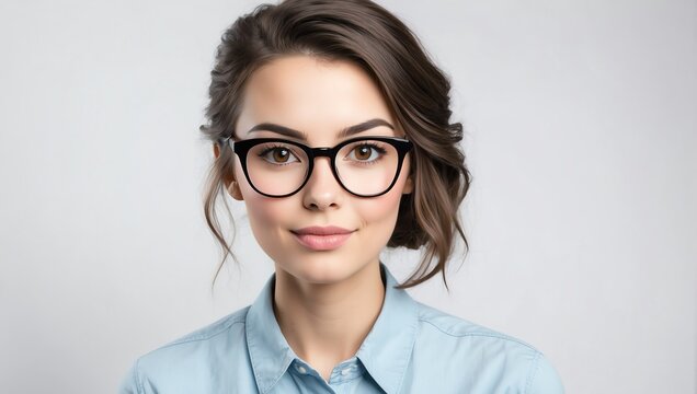 headshot of nerdy beautiful woman model on plain white background studio from Generative AI