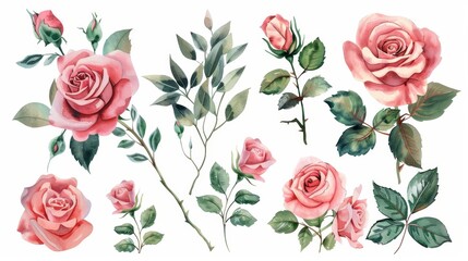 Naklejka premium The set is composed of watercolor arrangements with roses. Collection consists of garden pink flowers, leaves, branches, Botanic illustration isolated on a white background.