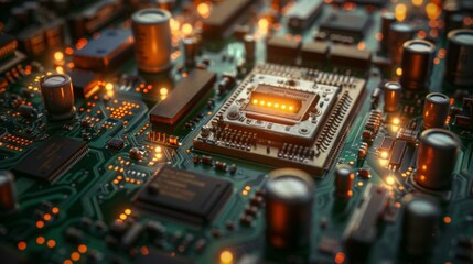 A detailed close-up view of an illuminated electronic circuit board showcasing the complexity of modern technology and its intricate components