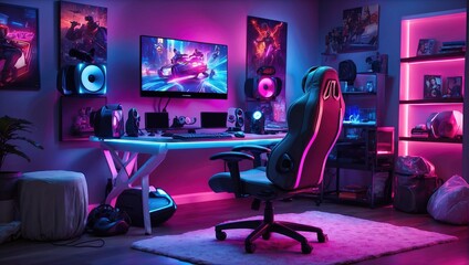 A dimly lit room with purple and blue neon lights. There is a gaming chair in front of a desk with two computer monitors, a keyboard, and a mouse. There are also several gaming consoles and other elec