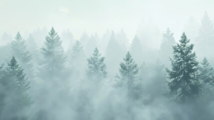 3D rendering of trees in the fog. Morning smoke in the forest. Misty morning among the trees.
