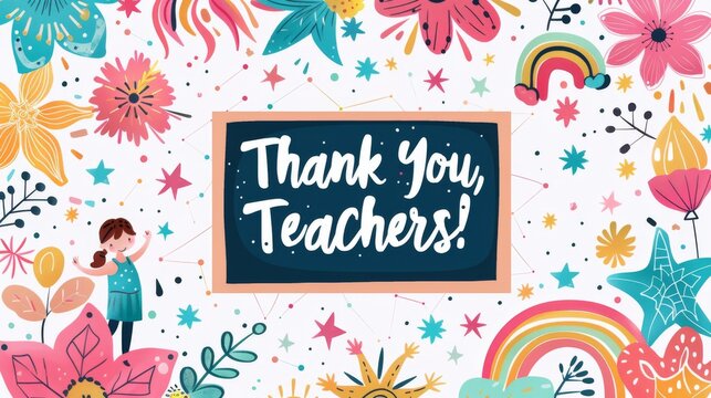 A colorful and whimsical illustration featuring a 'Thank you, Teachers' message on a chalkboard, surrounded by playful patterns and motifs