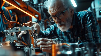 Male senior developer works on an engineering project and changes the position of a robotic hand with a lever. Empowered engineer does a creative project. Robotics and Automation for Facilities